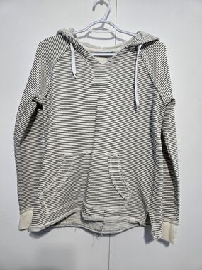Blue 84 Striped Hoodie Women Small Raw Hem Pullover Boho Lightweight Sweatshirt